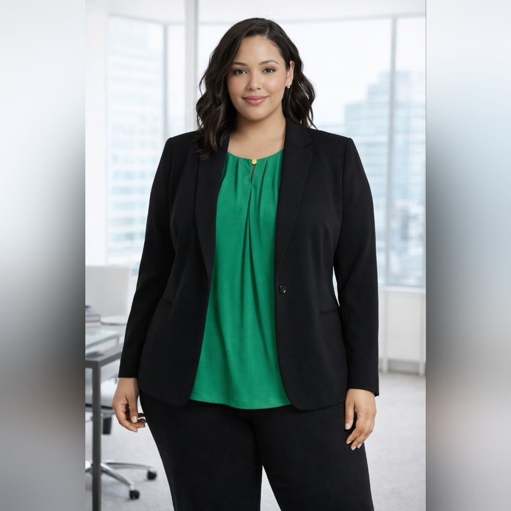 ELLE 2X Emerald Green Black Colorblock Blouse Flowy Work Top Business Casual Plu